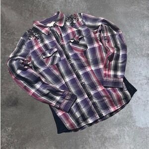Maurice Premium‎ Purple Plaid Embellished Button Up Long Sleeve Shirt Small